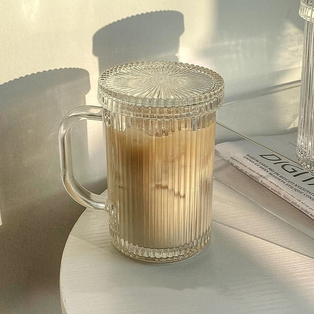 Simple Stripe Glass Cup With Lid and Straw Transparent Bubble Tea Cup Juice Glass Beer Can Milk Mocha Cups Breakfast Mug